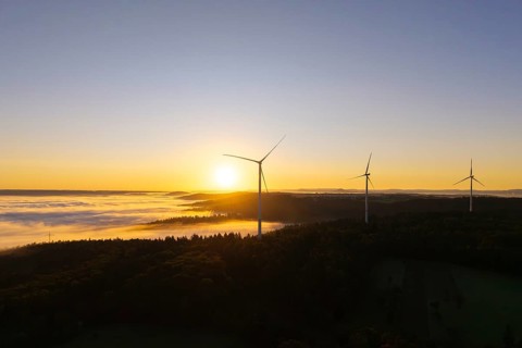 Three wind turbines overlook a fog-covered forest at sunrise, near Schorndorf, Rems-Murr district,