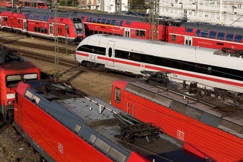 Elevated view of several local trains and an ICE train, Frankfurt am Main, Hesse, Germany