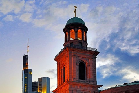 Tower of St Paul's Church and Commerzbank Tower in the evening, Frankfurt am Main, Hesse, Germany