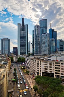 View from St Catherine's Church of the banking district with the skyline of Frankfurt am Main,