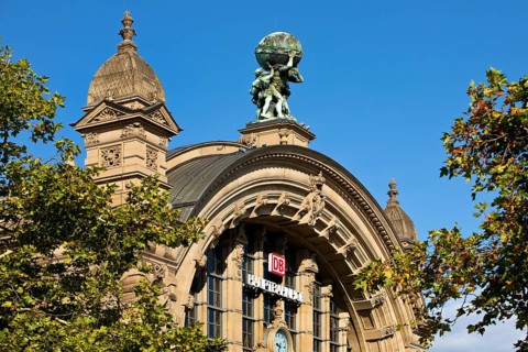 Main front of the main railway station with Atlas carrying the globe on his shoulders, Frankfurt am