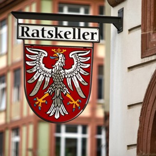 Traditional Ratskeller nose shield with the coat of arms of the city of Frankfurt am Main, Hesse,
