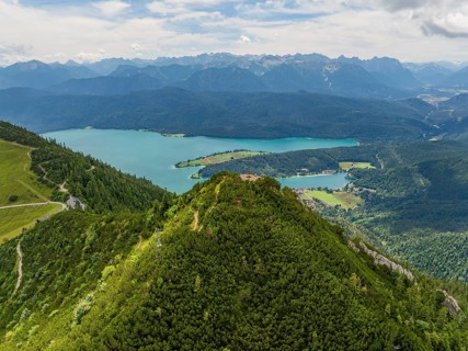 Elevated view of lakes and forests under a cloudy sky, Herzogstand summit, Walchensee, Schlehdorf,