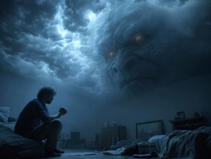 Person kneeling in bed, cloudy monster in the sky, symbolic image for anxiety disorders, panic