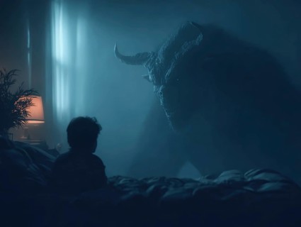 Dark monster standing in a child's room, dim light, symbolising anxiety disorders, panic attacks,