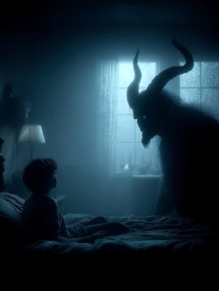 Child in bed, monster in demonic form with horns in front of window, symbolic image for anxiety