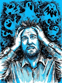 A man in drawn style shows an expression of panic surrounded by ghostly apparitions, symbolising