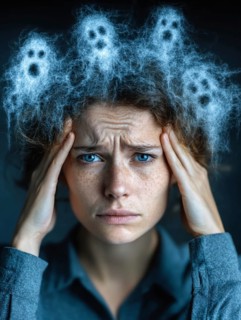 Woman holding head with hands, small ghosts in hair, symbolic image for anxiety disorders, panic