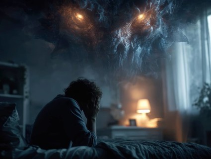 Person sitting on bed, huge monster above him, threatening atmosphere, symbolic image for anxiety