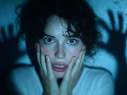 A woman shows a frightened expression on her face while shadowy hands are placed over her,