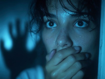 A frightened woman with a shadowy figure in the background holds her hand in front of her mouth,