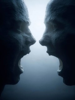 Two sculptures screaming at each other in darkness with dramatic use of light, AI generated, AI