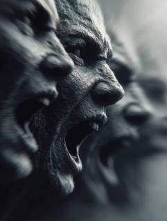 Series of loud screaming faces in darkness with intense expressions and mystical atmosphere, AI