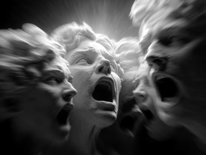 Several dramatically illuminated ancient sculpture faces with screaming, open mouths, AI generated,