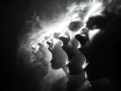 Multiple screaming faces in motion blur showing intensity and dynamics, AI generated, AI generated