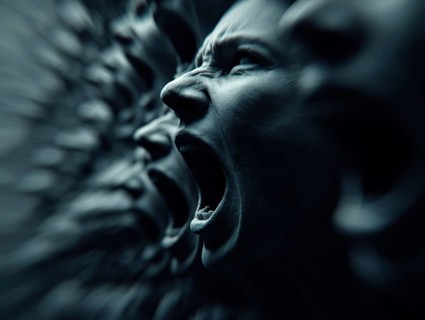 Multiple faces with screaming, open mouths showing drama in dark light, AI generated, AI generated