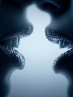 Symmetrical arrangement of two pairs of lips coming close together creates a feeling of intimacy,