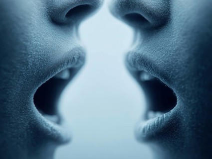 Close-up of two faces with slightly open mouths, creating a sense of intimacy, AI generated, AI