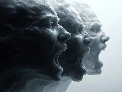 Three screaming, marble faces in dynamic sequence with intense expressions, AI generated, AI