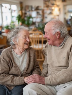 An elderly couple sitting together and smiling at each other in a retirement home, symbolic image
