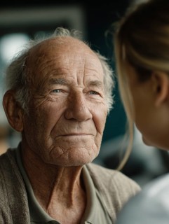 A young carer lovingly looks after a senior in a retirement home, nursing home, symbolic image for