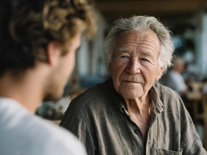 A young carer lovingly looks after a senior in an old people's home, nursing home, symbolic image