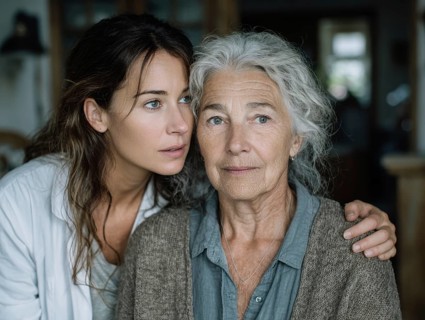 A young carer lovingly looks after a senior citizen in a nursing home, nursing home, symbolic image