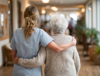 A carer assists an elderly woman walking along a bright corridor in a retirement home, nursing