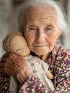 An elderly woman lovingly holds a doll in her arms, which radiates an emotional connection and