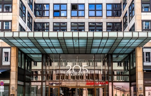 Main entrance to commercial property, partially vacant Shopping Quartier 205 on Friedrichstrasse