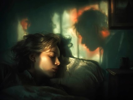Sleeping woman with mystical shadow silhouettes in the background, symbolic image for sleep, event