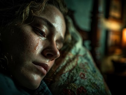 Young woman lying in bed, a tear on her cheek, looks sad and thoughtful, illuminated from the