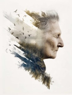 Double exposure of an elderly woman and decaying parts of a landscape, symbolic image for memory