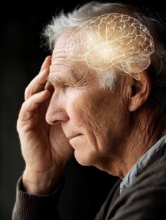 Elderly man with memory loss, digital brain overlay, symbolic image for neurological disease,