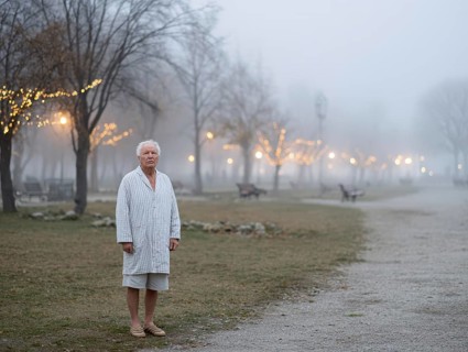 An elderly man in pyjamas stands in a cold, wintry environment, looking confused, helpless and
