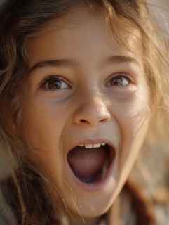 Child with astonished wide eyes and open mouth, looks surprised and cheerful, AI generated
