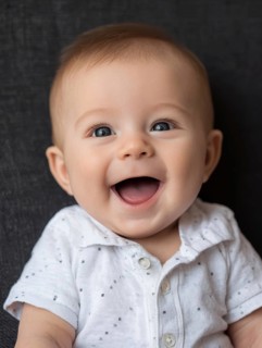 Happy baby looking at the camera with bright eyes and a big smile, AI generated