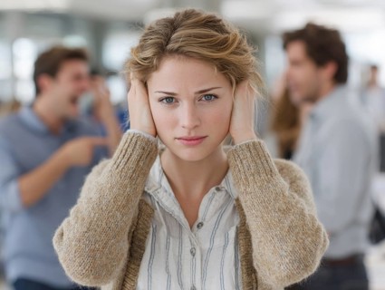 A young woman with her hands to her ears, annoyed by an argument or noise in the background,