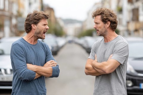 Two angry men arguing in the street, possibly triggered by a road traffic incident, symbolic image