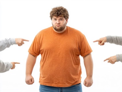 Overweight boy being judged by pointing fingers, symbolising fatshaming, bullying, judgement and