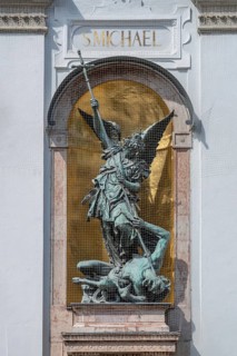 Sculpture of St Michael at St Michael's Church, Neuhauser Str. Munich, Bavaria, Germany