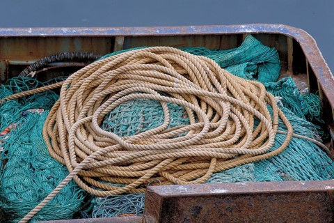 Rope and nets in a fishing boat, England, Great Britain