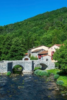 Stone bridge over the Pavin couze river flowing through the village of Saurier, Puy de Dome.