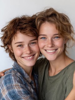 Two smiling woman in casual clothes pose friendly on a wall, symbolic image for same-sex