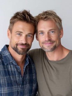 Two smiling men in casual clothes pose friendly on a wall, symbolic image for same-sex