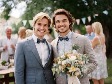 A male couple in a suit, one kissing the other on the cheek, surrounded by guests outdoors,