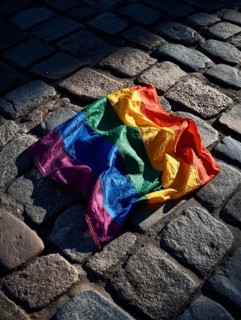 A rainbow flag lies on cobblestones in the sun, surrounded by shadows, symbolising equality,