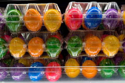 Colourful dyed hard-boiled eggs Easter eggs in plastic blister packs for year-round retail sale,