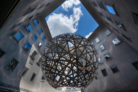 Steel sphere, Sphere, a work of art by Ólafur Eliasson, Fünf Höfe shopping arcade, Munich, Bavaria,