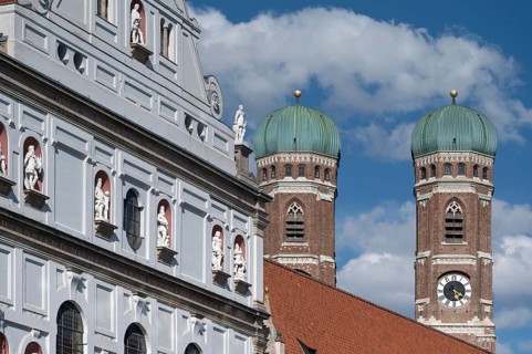 Towers of the Church of Our Lady in Munich, St Michael's Church on the left, Munich, Bavaria,